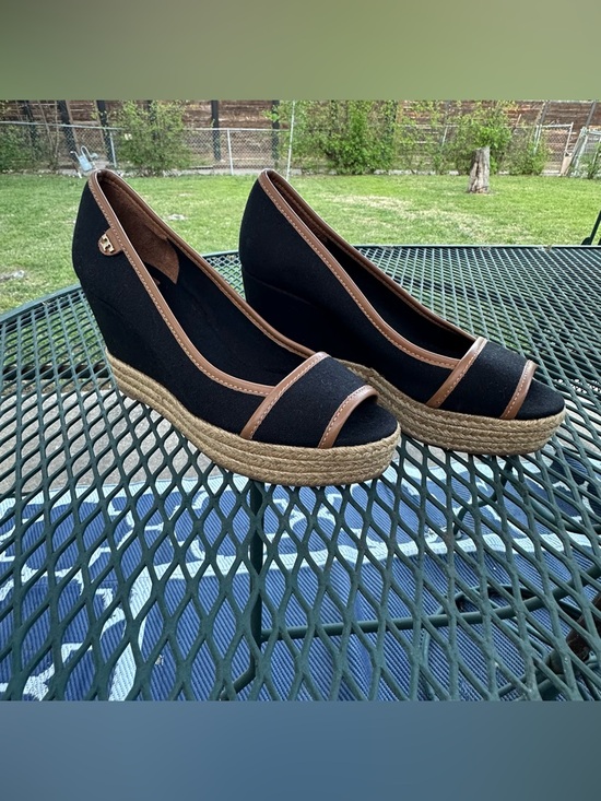 Tory Burch Shoes - Tory Burch Black and Tan Espadrille Wedge Peep-Toe Size 7